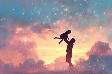 silhouette of father lifting his daughter joyfully against a pastel sky, glowing light and space in the sky for writing, peaceful and inspiring