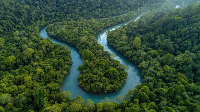 Aerial view of a twisting river snaking through a dense tropical rainforest, vibrant green canopy surrounding the waterway