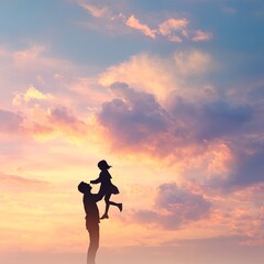 silhouette of father lifting his daughter joyfully against a pastel sky, glowing light and space in the sky for writing, peaceful and inspiring