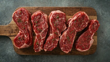 Top View of Unprocessed Chuck Roll Beef Steaks Laid on Wooden Board with Thyme Herbs, Gray Surface