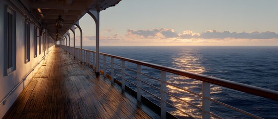 Naklejka premium Cruise ship deck overlooking the ocean at sunset with golden light reflecting.