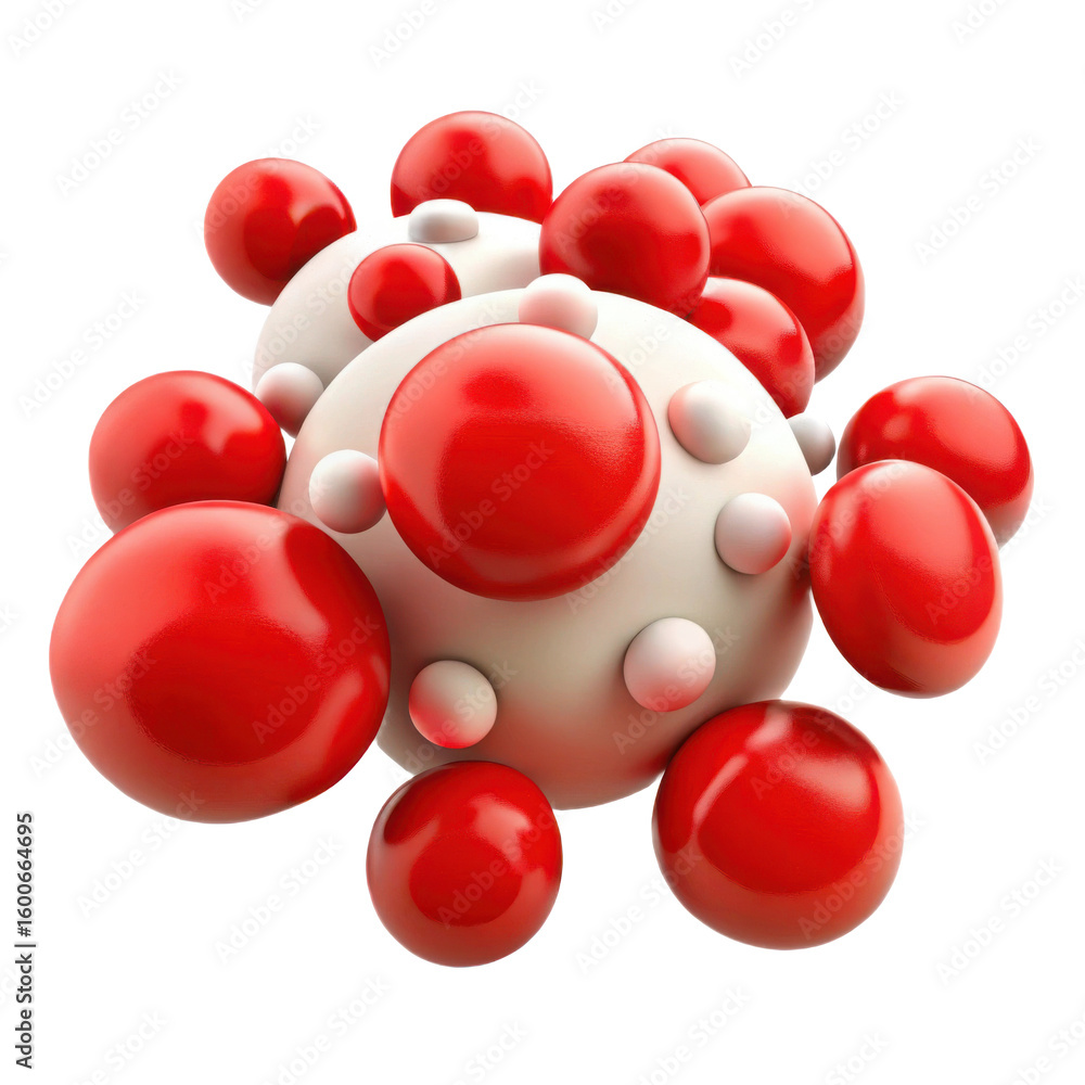 Poster abstract 3d rendering of a spherical object with protruding red spheres and smaller white spheres is