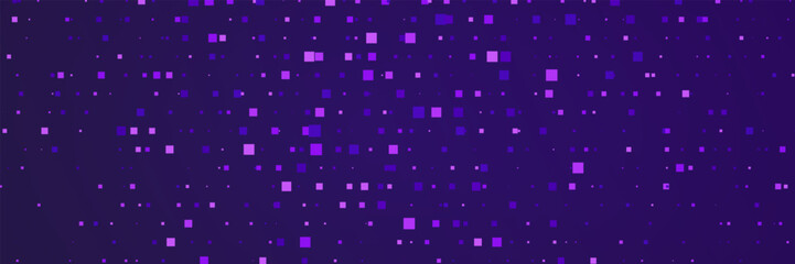 Digital pixel frame. Glitch background. Glowing purple squares on dark bg. Abstract tech banner. Finance grid. Business blue mosaic. Futuristic, tech-style template. Vector Illustration