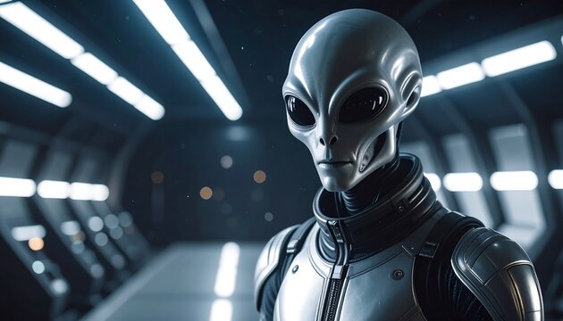 Alien in futuristic spaceship corridor
