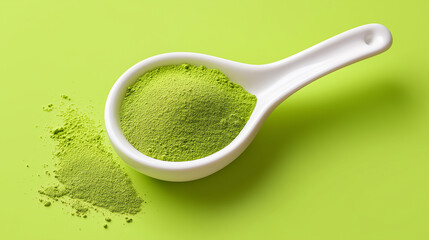 Elegant white porcelain spoon filled with bright green matcha tea powder, vivid chartreuse backdrop, pristine powder texture, zen-like simplicity, macro food photography, organic green tea.