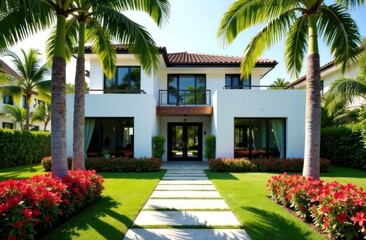 Fototapeta premium modern tropical villa surrounded by lush palm trees and vibrant red flowers. sunlit, inviting atmosphere. potential for real estate, travel brochure, luxury lifestyle