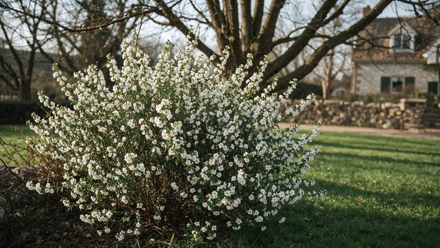 Outdoor shrub covered with white firethorn blossoms