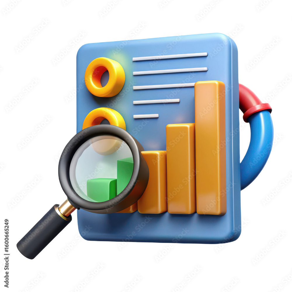 Poster 3d illustration of a financial report with a magnifying glass examining a bar chart and data points 