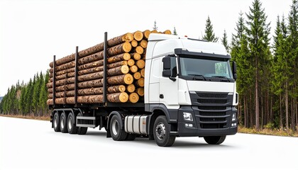 A heavy-duty timber truck laden with raw logs stands resolute beneath open skies—its stacked cargo evoking the weight of natural cycles, silent strength, and the quiet interdependence between nature a