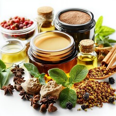 Aromatic essential oils, herbs, and spices create a luxurious spa-like atmosphere for natural beauty treatments