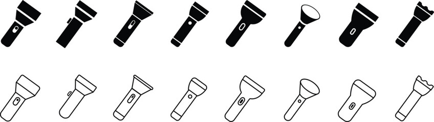 Hand torch flashlight set, black vector collection of electric lantern group in flat and line style, portable light, battery lamp, emergency beam outline, glowing tool icon bundle