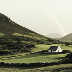 Secluded cottage nestled in a verdant valley, with a rainbow arching over distant mountains