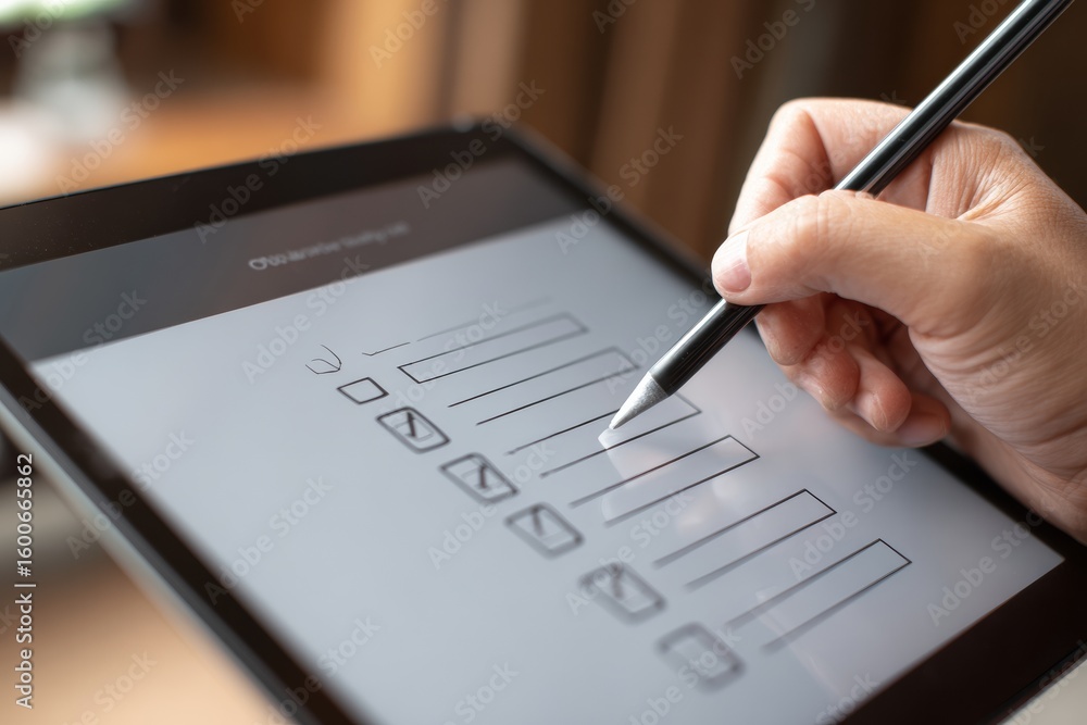 Poster a close-up view shows a hand holding a stylus while selecting answers on a digital test displayed on