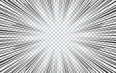 Comic manga pop art sun rays effect background with halftone. Black and white abstract vector background.