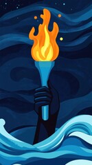 A hand emerges from stormy waves, holding aloft a burning torch, symbolizing hope and perseverance amidst adversity