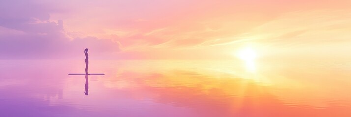 Serene woman practices yoga on a floating mat at sunset, enjoying peaceful waterscape