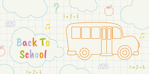 Back to school banner with school bus, doodle clouds, math symbols on grid paper background. Hand drawn cartoon style illustration for classroom posters, educational flyers, school reopening designs.
