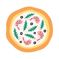 Pizza with shrimps, cheese, black olives and arugula, top view. Tasty hand drawn Italian pizza. Vector illustration in trendy flat style