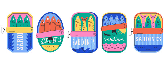 Set of canned sardines. Canned seafood. Mediterranean italian food. Vector illustration in trendy flat style