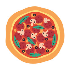 Pizza with tomatoes, mushrooms, arugula, cheese, black olives and salami top view. Tasty hand drawn Italian pizza. Vector illustration in trendy flat style