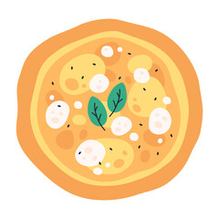Cheese pizza with basil top view. Tasty hand drawn Italian four cheese pizza. Vector illustration in trendy flat style