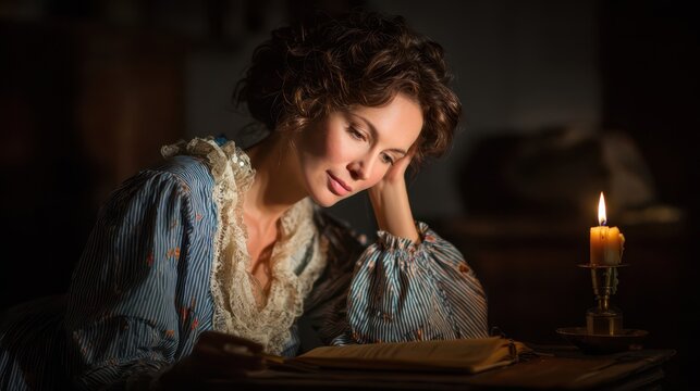 A woman engrossed in a book by candlelight.