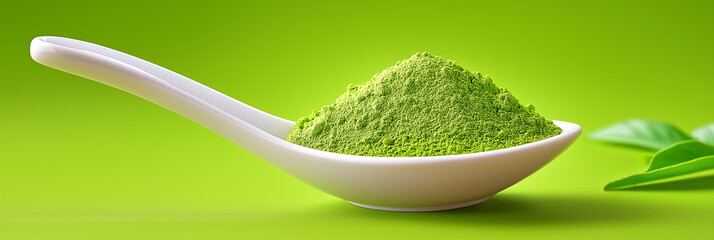 Elegant white porcelain spoon filled with bright green matcha tea powder, vivid chartreuse backdrop, pristine powder texture, zen-like simplicity, macro food photography, organic green tea.