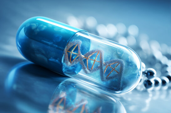 Blue Capsule with DNA Strands Inside, Representing Genetic Medicine
