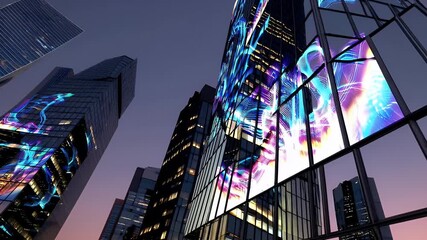 High resolution 4K animation futuristic skyscrapers digital holograms reflections showing animated ads data shiny glass panels sleek sci fi cityscape modern - Powered by Adobe