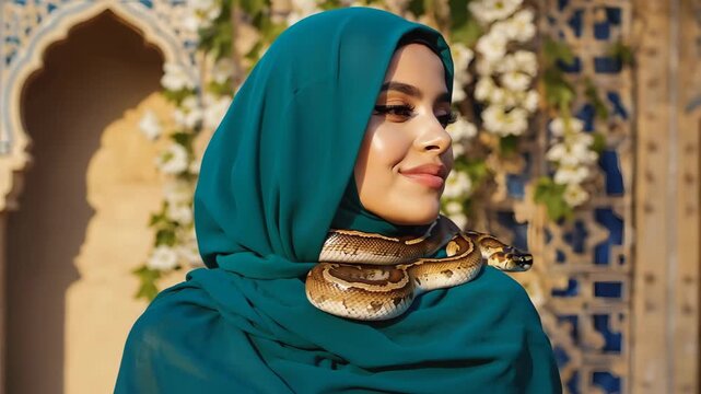 Cinematic video of a Muslim woman in teal hijab turning her head while a snake moves around her neck in a traditional oriental courtyard with floral and architectural background