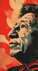 Powerful portrait of an elderly man, depicted in a bold, stylized artistic rendering with a textured, vintage feel