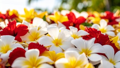 Fototapeta premium Red and yellow, and red and white frangipani flowers