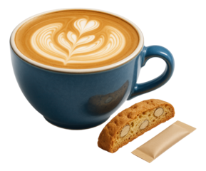 Latte in a blue ceramic cup with a side of biscotti and a single sugar packet