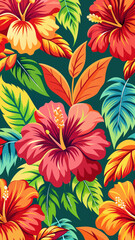 Vector art of a vibrant and colorful tropical floral pattern featuring blooming hibiscus flowers and lush green leaves on a dark teal background
