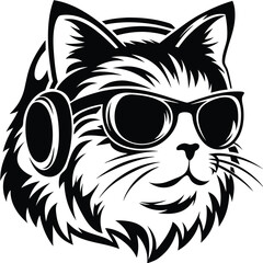 Stylish cat illustration shows feline cool wearing sunglasses and listening to music via headphones