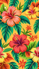 Vector art of a vibrant and colorful tropical floral pattern featuring hibiscus flowers and lush green leaves on a bright yellow background