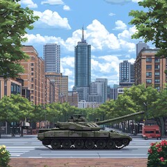 A pixel art illustration of a military tank driving down a city street on a sunny day