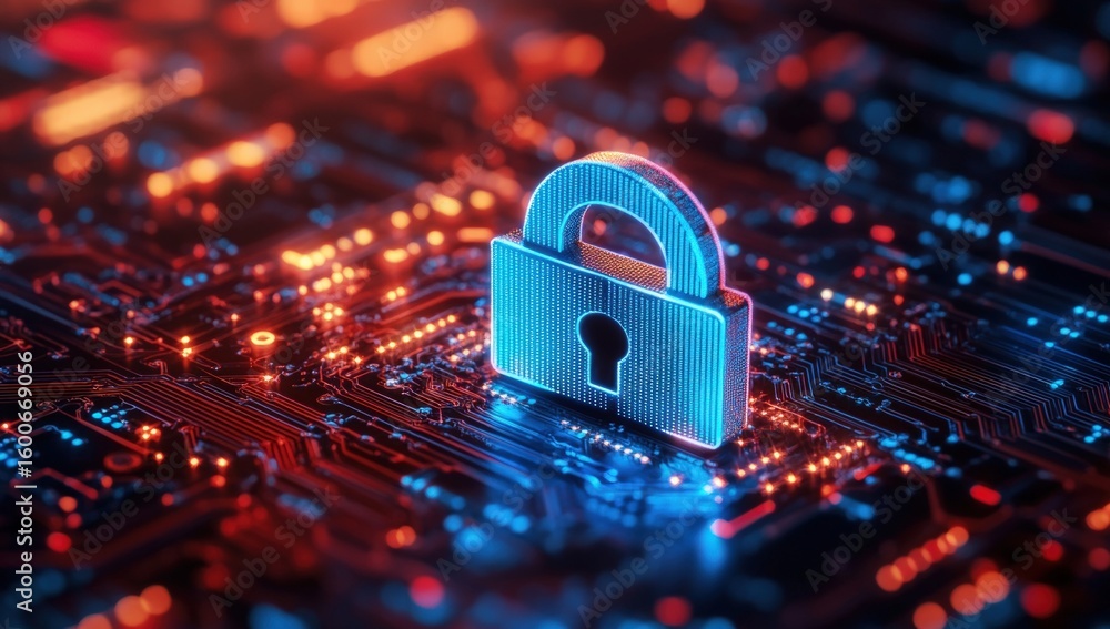 Poster a glowing digital lock symbolizing cybersecurity and data protection on a futuristic, illuminated ci