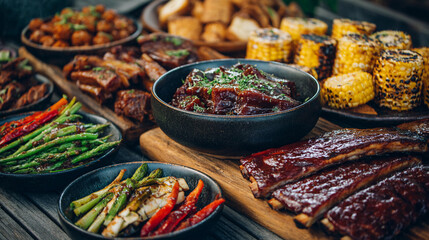 Fototapeta premium Delicious barbecue feast with various grilled meats and sides