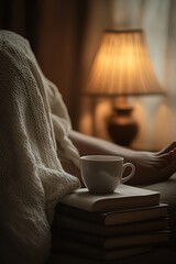 Cozy evening scene featuring a person relaxing under a blanket with a warm drink and books