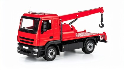A vibrant red crane truck model stands poised, evoking themes of miniature strength, precision, and playful industrial might.