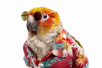 Parrot wearing sunglasses and Hawaiian shirt poses for fun photo