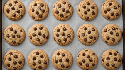 Overhead shot of delicious mini chocolate chip cookies placed on a baking sheet