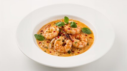 Fototapeta premium Herb-infused spicy coconut milk sauce serving shrimp