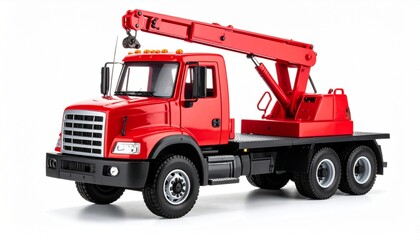 Fototapeta premium A vibrant red crane truck model stands poised, evoking themes of miniature strength, precision, and playful industrial might.