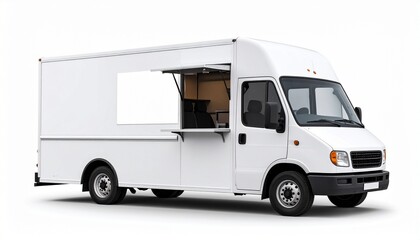 Naklejka premium A mobile white food truck with an open serving hatch stands ready, representing independence, street culture, and the warmth of everyday encounters.