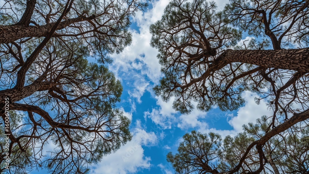 Aufkleber pine tree textures and twig patterns set against a blue sky dotted with white clouds