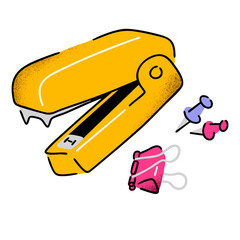 Agrafeuse jaune de bureau accompagnée de pince et punaises