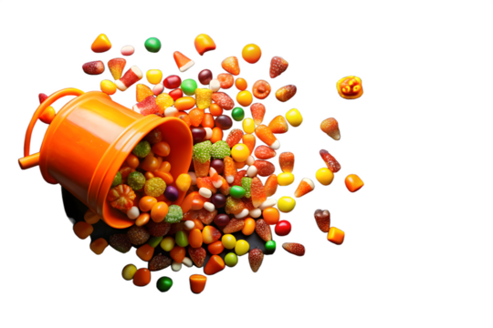 An overturned orange bucket overflowing with a colorful assortment of halloween candies and sweets scattered across a transparent background - Powered by Adobe