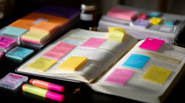Study desk featuring open book with colorful sticky notes and stationery during afternoon study session